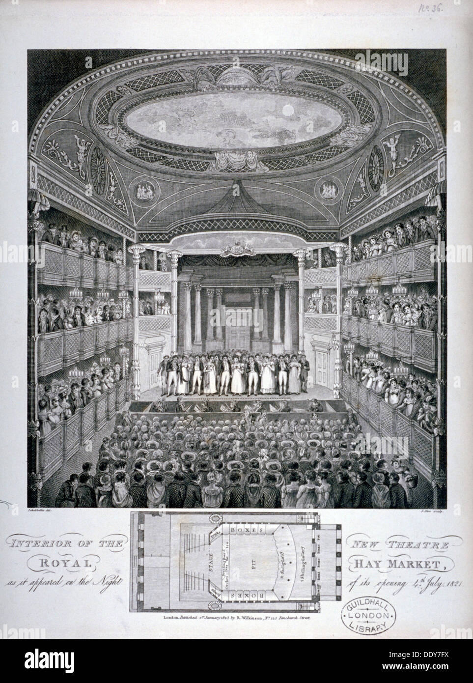 Vista interna del Haymarket Theatre, Londra, sulla sua apertura notturna nel 1821 (1823). Artista: James Stow Foto Stock