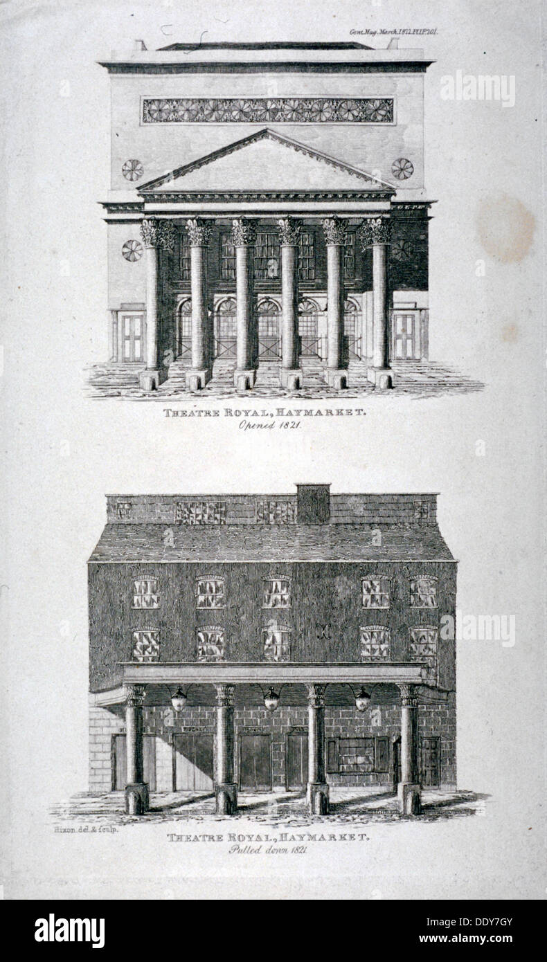 Il vecchio e il nuovo teatro di Haymarket, Westminster, Londra, 1822. Artista: Hixon Foto Stock
