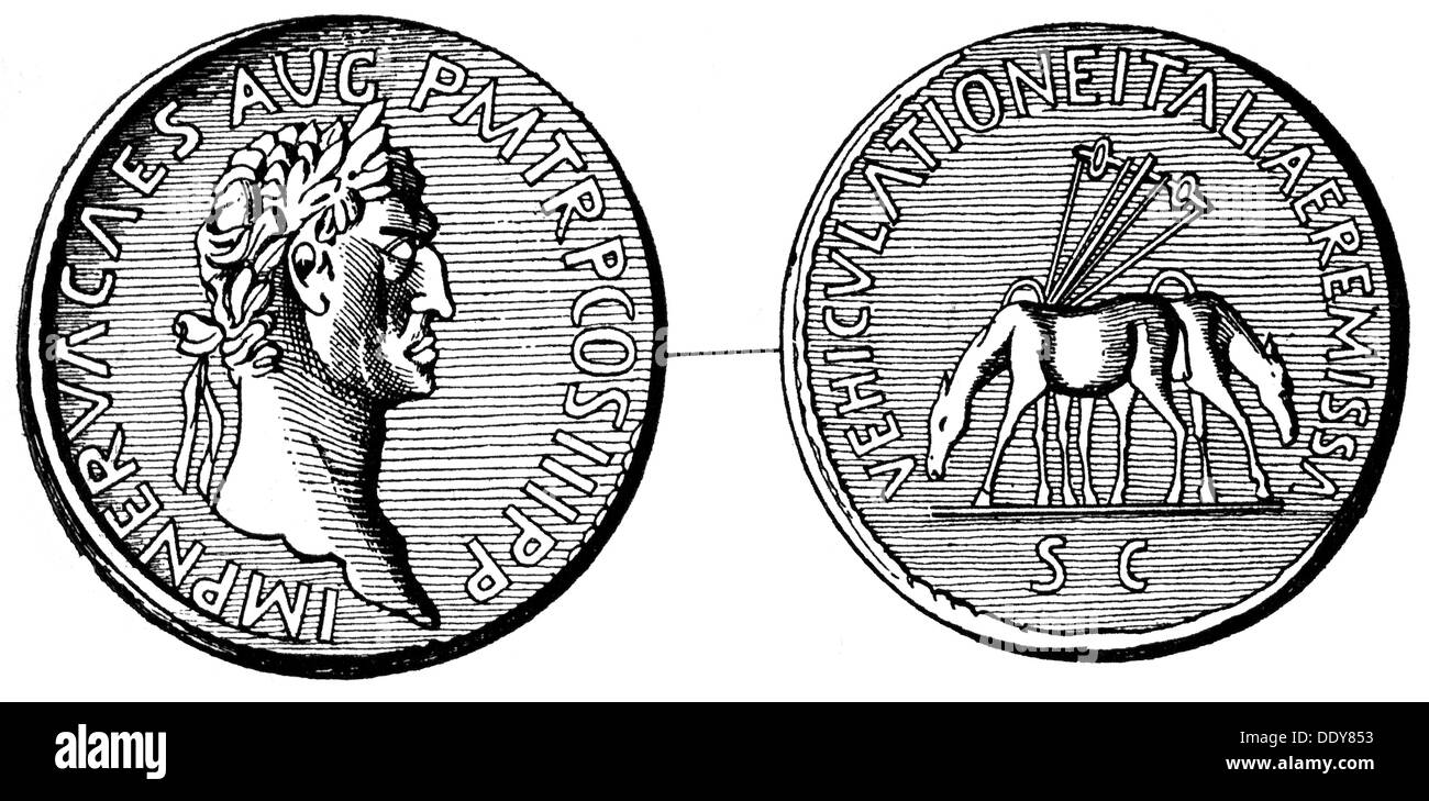 Nerva (Marcus Cocceius Nerva), 8.11.30 - 27.1.98, imperatore romano 18.9.96 - 27.1.98, ritratto, moneta, sesterzio, 97, obverse e reverse, incisione in legno, 19th secolo, Foto Stock