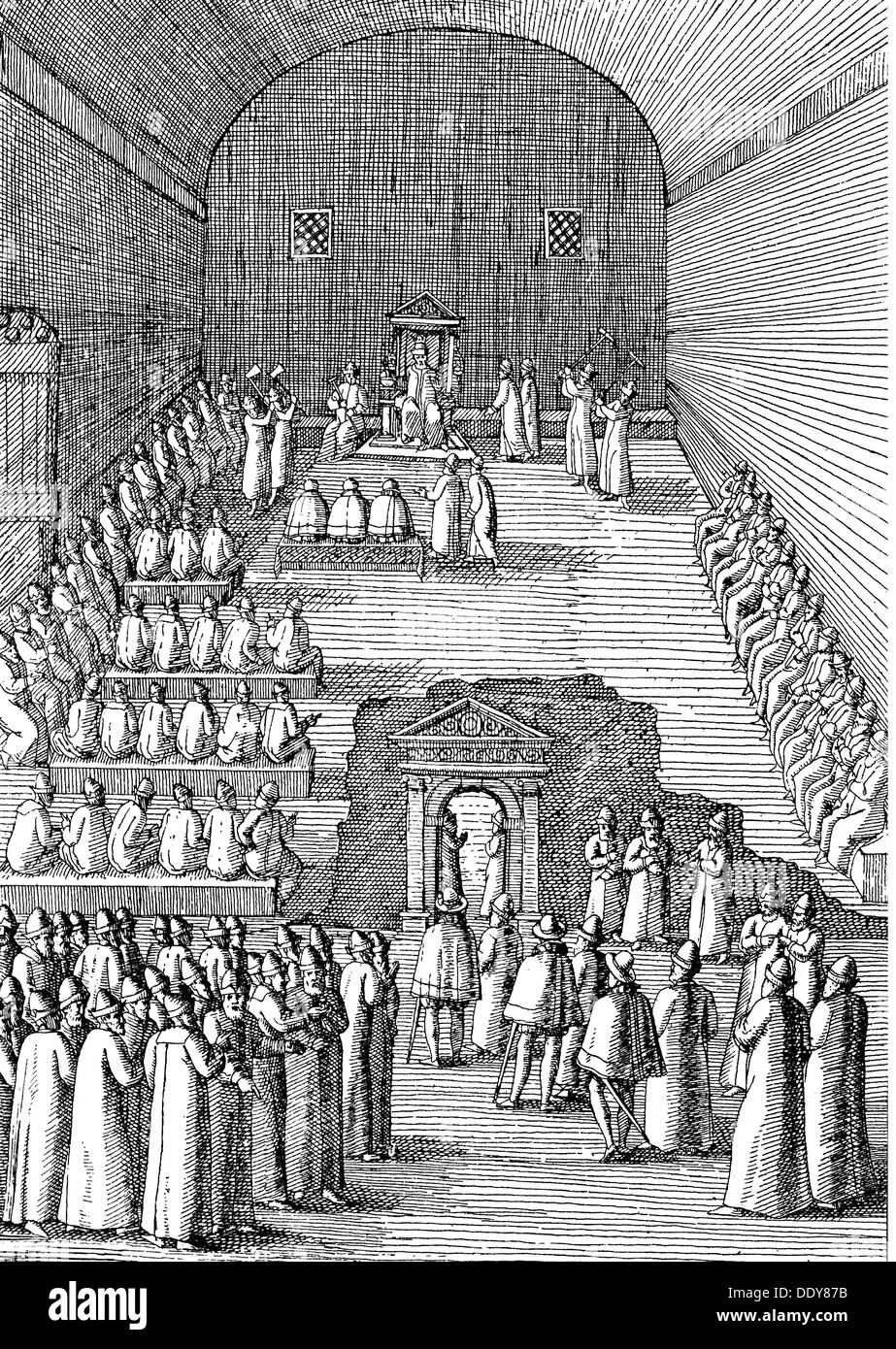 Ivan IV " il terribile", 25.8.1530 - 18.3.1584, l'imperatore di Russia 16.1.1547 - 18.3.1584, con il suo figlio Ivan, reception nel palazzo Alexandrovskaya Sloboda, incisione su rame di Jakob von Uhlefeld 'Viaggio la Moscovia', 1575, artista del diritto d'autore non deve essere cancellata Foto Stock