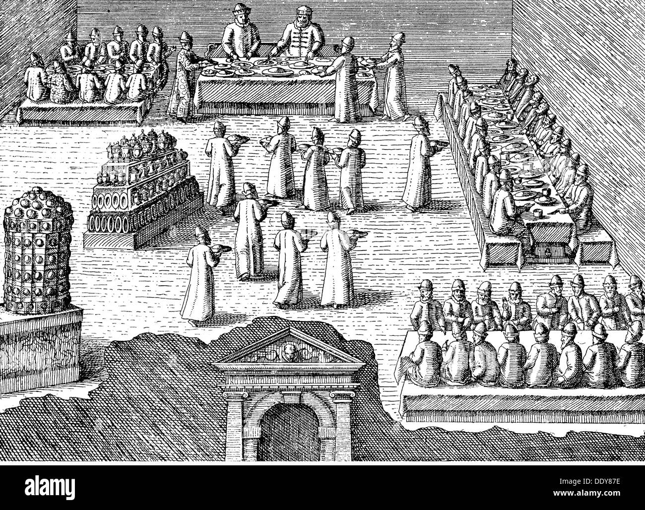 Ivan IV " il terribile", 25.8.1530 - 18.3.1584, l'imperatore di Russia 16.1.1547 - 18.3.1584, con il suo figlio Ivan, festa nel palazzo Alexandrovskaya Sloboda, incisione su rame di Jakob von Uhlefeld 'Viaggio la Moscovia', 1575, artista del diritto d'autore non deve essere cancellata Foto Stock