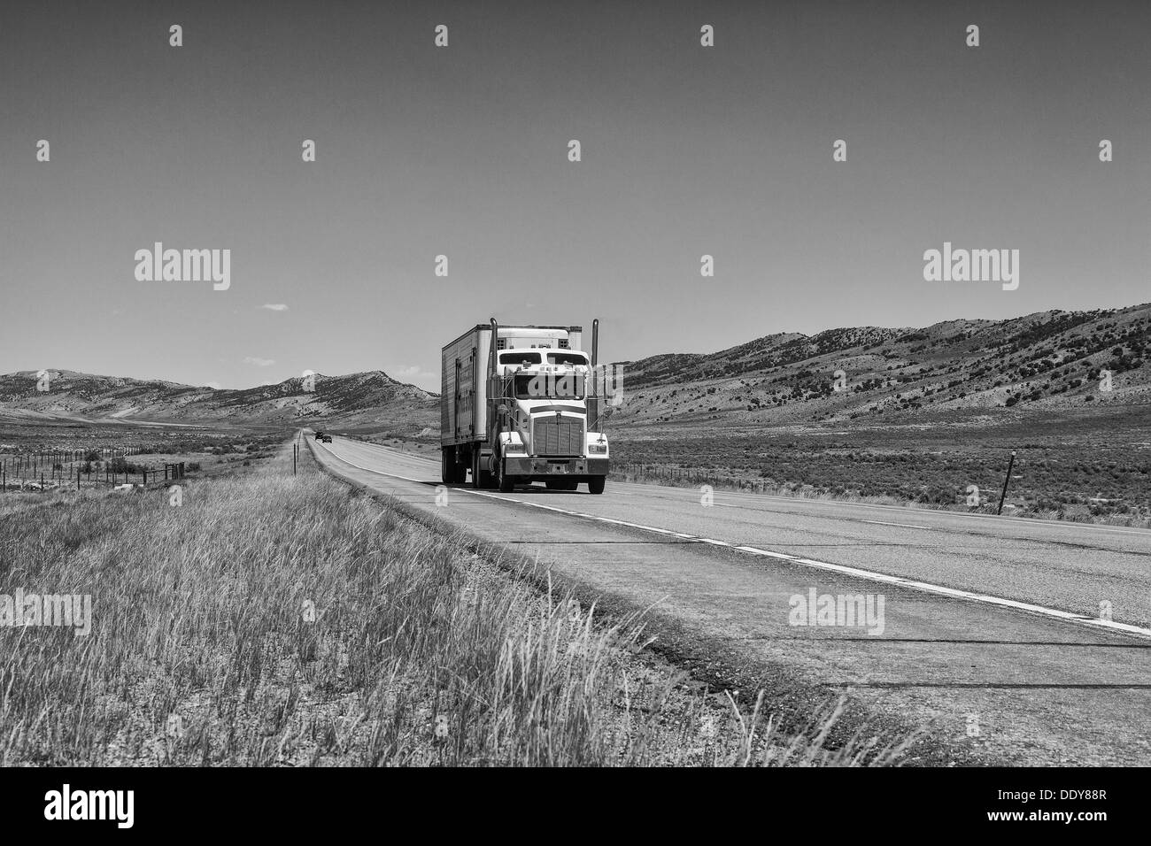 Il tipico americano carrello sulla lunga strada in Wyoming Foto Stock