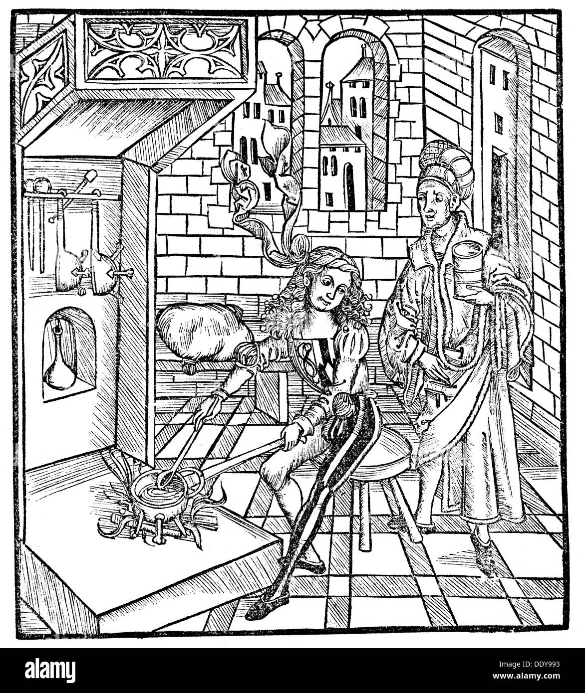 Medicina, farmacia, farmacia, farmacia, farmacia e assistente di cucina, taglio di legno, da: Hieronymus Brunschwig (circa 1450 - circa 1512), 'Kleinen Detillierbuchs', stampa: Johann Grüninger, Strasbourg, 1500, diritti-aggiuntivi-clearences-not available Foto Stock