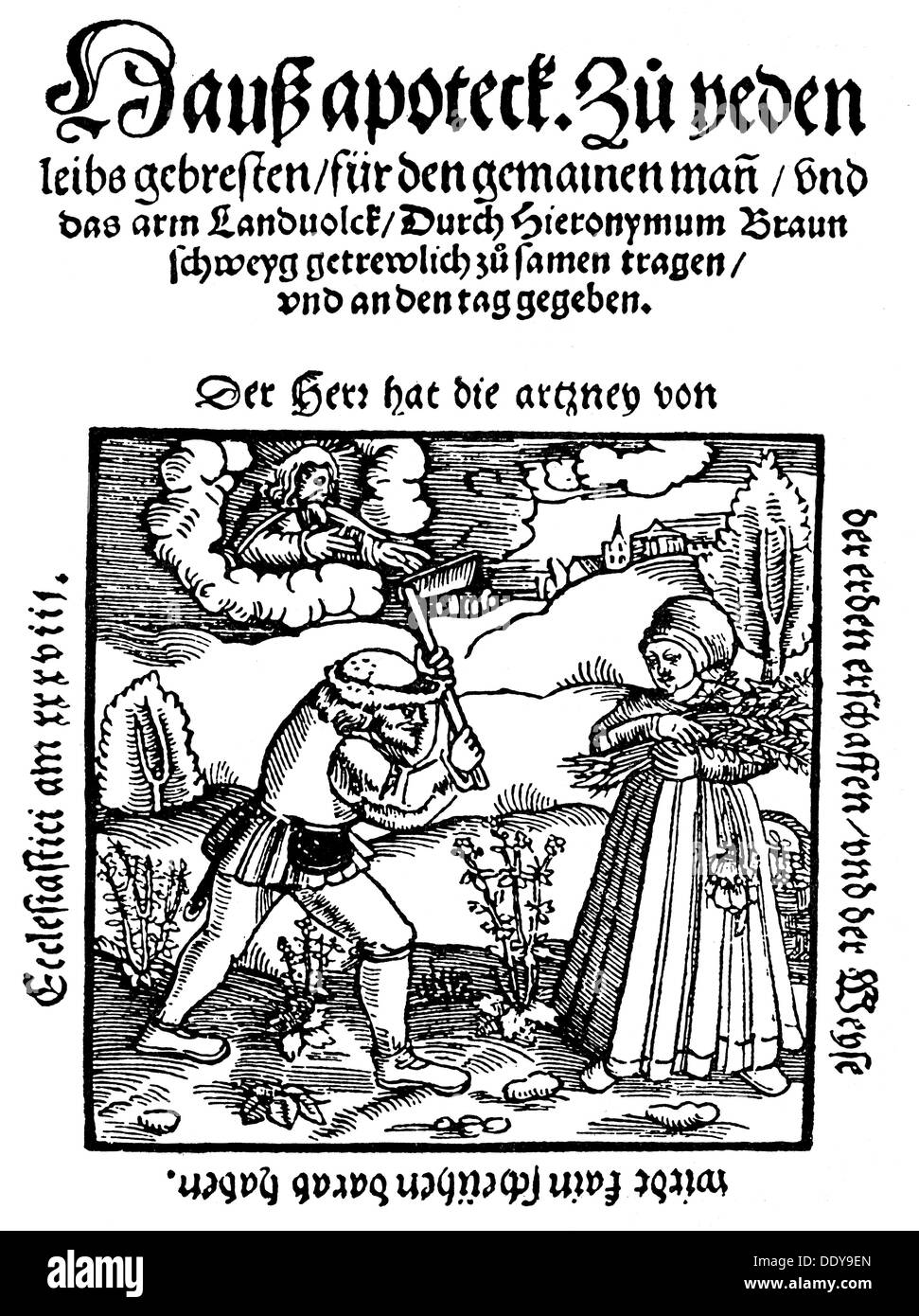 Medicina, libri di testo, 'Hauss apoteck', di Hieronymus Brundschwig (circa 1450 - circa 1512), pagina del titolo, contadina e moglie di contadini che fanno lavoro sul campo, taglio di legno, stampa: Heinrich Stayner, Augsburg, 1541, diritti aggiuntivi-clearences-non disponibili Foto Stock