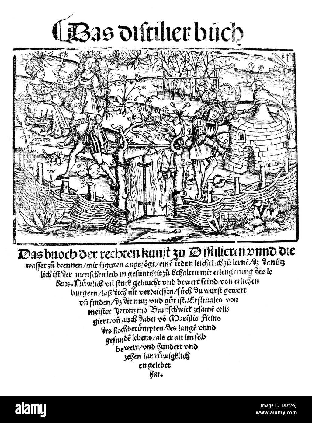 Alcol, distillazione, erbe distillanti, taglio di legno, da: Hieronymus Brunschwig (circa 1450 - circa 1512), 'Das buoch der rechten kunst zu destillieren', pagina del titolo, stampa: Johann Grüninger, Strasbourg, 1512, diritti-aggiuntivi-clearences-non disponibile Foto Stock