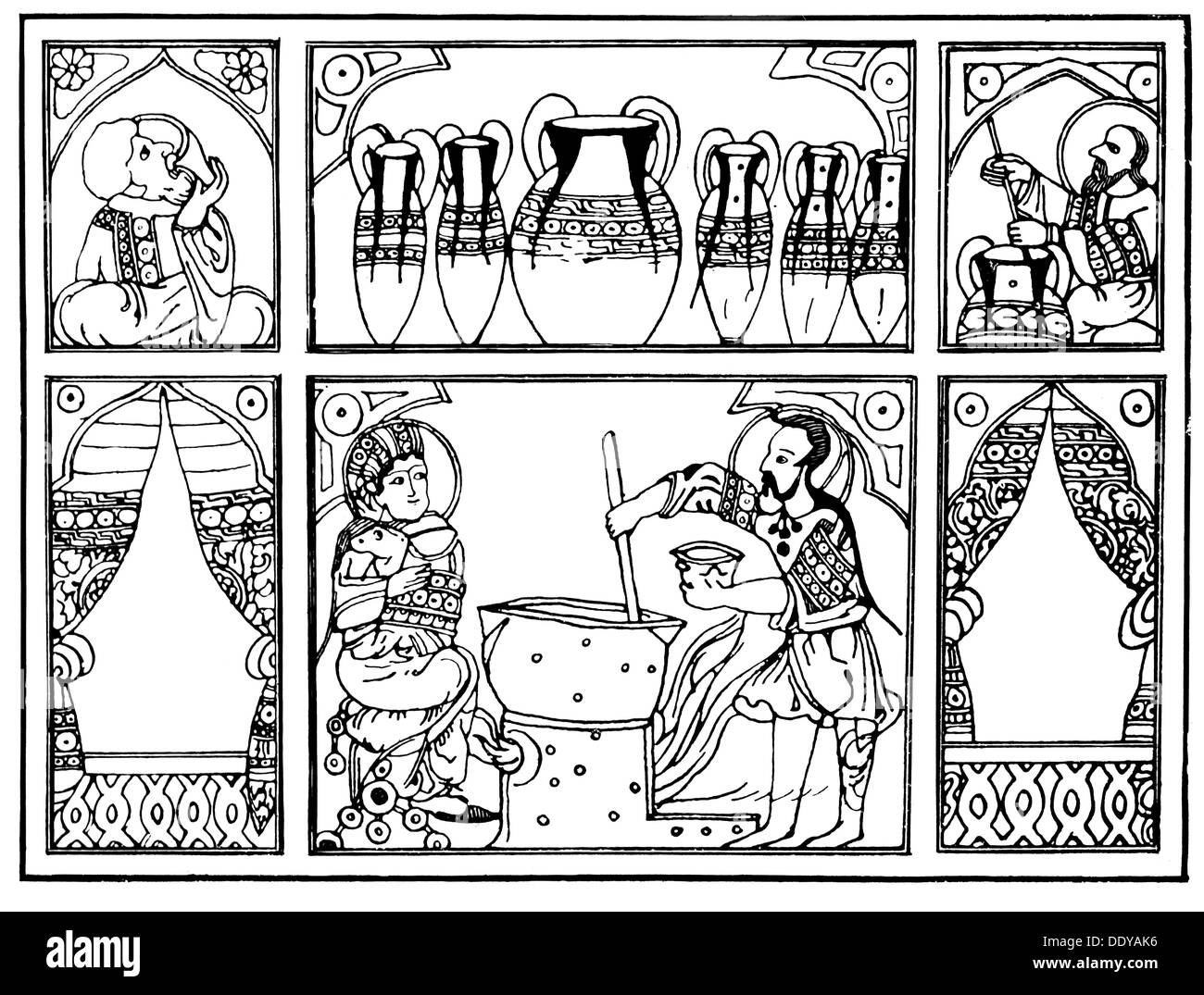 Medicina, farmacia, farmacia, fabbricazione di un narcotico, dopo il manoscritto arabo colorato della farmacologia di Pedianos Dioscurides, Baghdad, 1222, diritti aggiuntivi-clearences-non disponibile Foto Stock