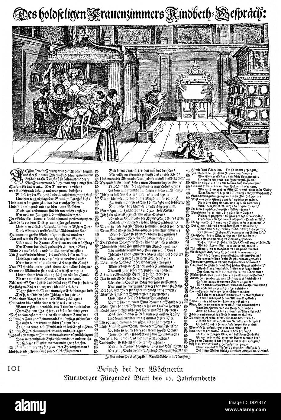 Medicina, nascita / ginecologia, visitatori presso la madre in childbed, xilografia, incisione su rame, flyer, Editore: Paolo Fürst (1608 - 1666), Norimberga, circa 1640 / 1650, artista del diritto d'autore non deve essere cancellata Foto Stock