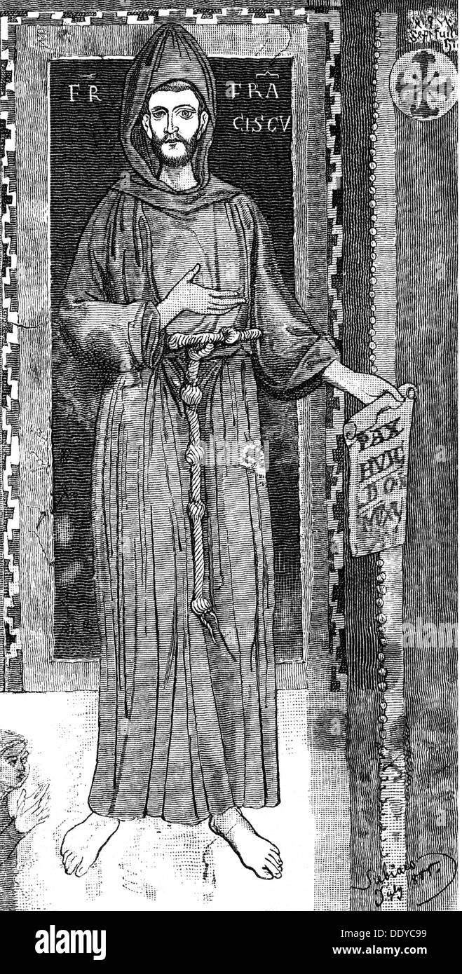 San Francesco d'Assisi, circa 1181 - 3.10.1226, Clergyman italiano, santo, a lunghezza intera, dopo affresco nel Sacro Speco, Monastero di Subiaco, 1223, incisione in legno, 19th secolo, Foto Stock