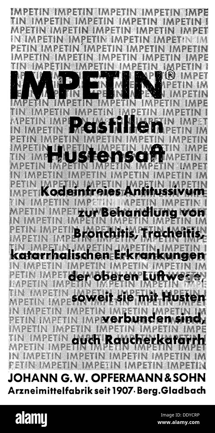 Pubblicità, medicina, droga, pubblicità per 'Impetin', Johann G.W. Opfermann & Sohn, Bergisch Gladbach, fuori: 'Ärztliche Praxis', XVI volume, numero 39, 26.9.1964, diritti-aggiuntivi-clearences-non disponibile Foto Stock