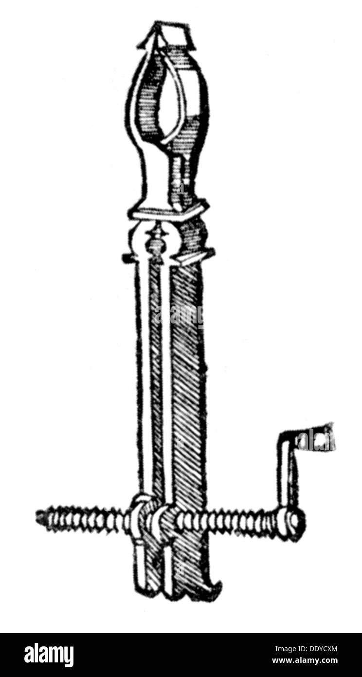 Medicina, nascita / ginecologia, strumento per tenere aperta la bocca di donne in gravidanza defunte durante Cesarean, taglio di legno, da: Walther Hermann Ryff (circa 1500 - 1548), 'Schwangerer Frauwen Rosengarten', Francoforte, 1580, diritti aggiuntivi-clearences-non disponibile Foto Stock