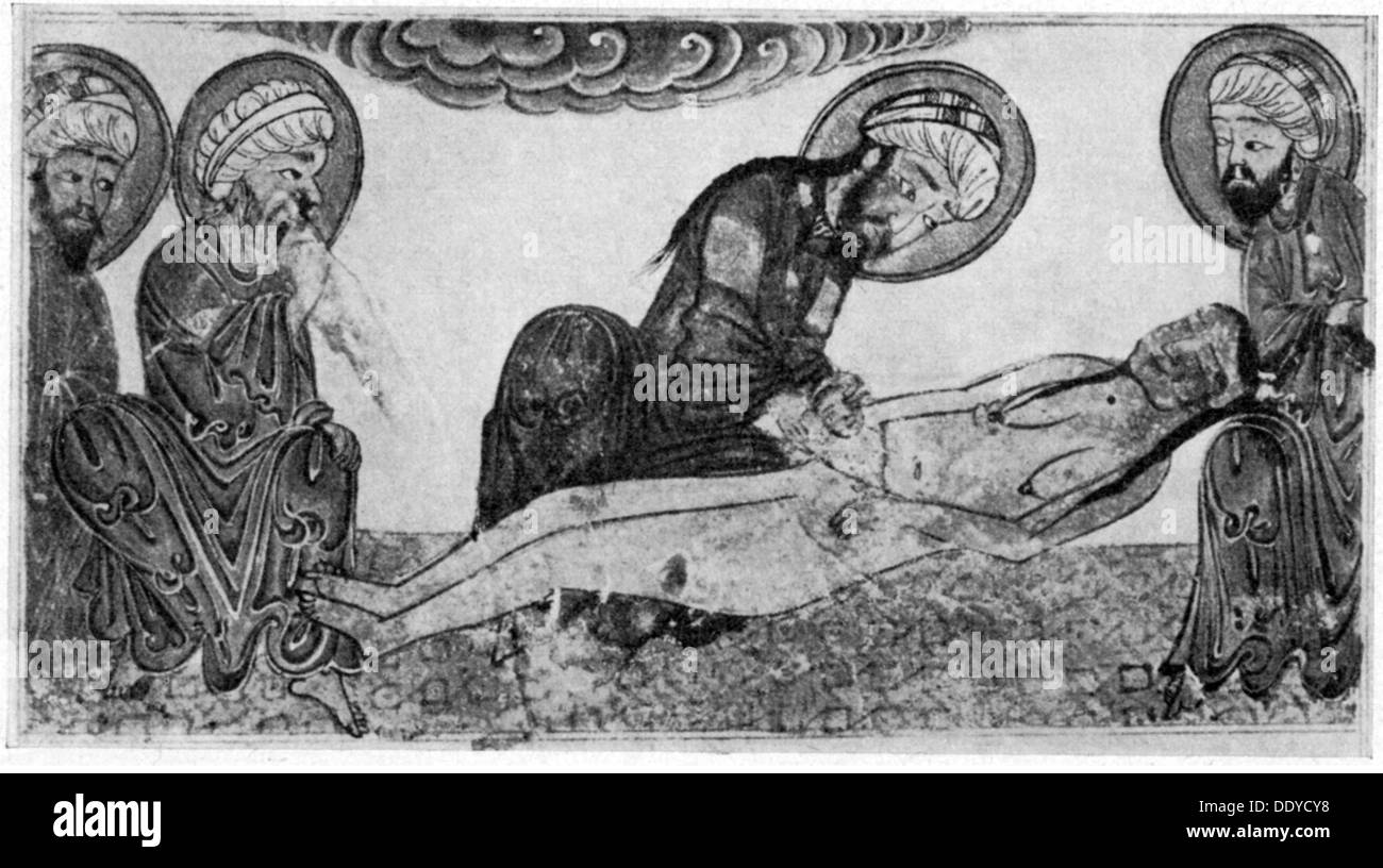 Medicina, nascita / ginecologia, Cesarean su una donna morta, in miniatura, su: Abu Rayhan al-Biruni (973 - 1048), 'Athar al-baqiya', 1307 / 1308, biblioteca universitaria, Edimburgo, diritti aggiuntivi-clearences-non disponibile Foto Stock