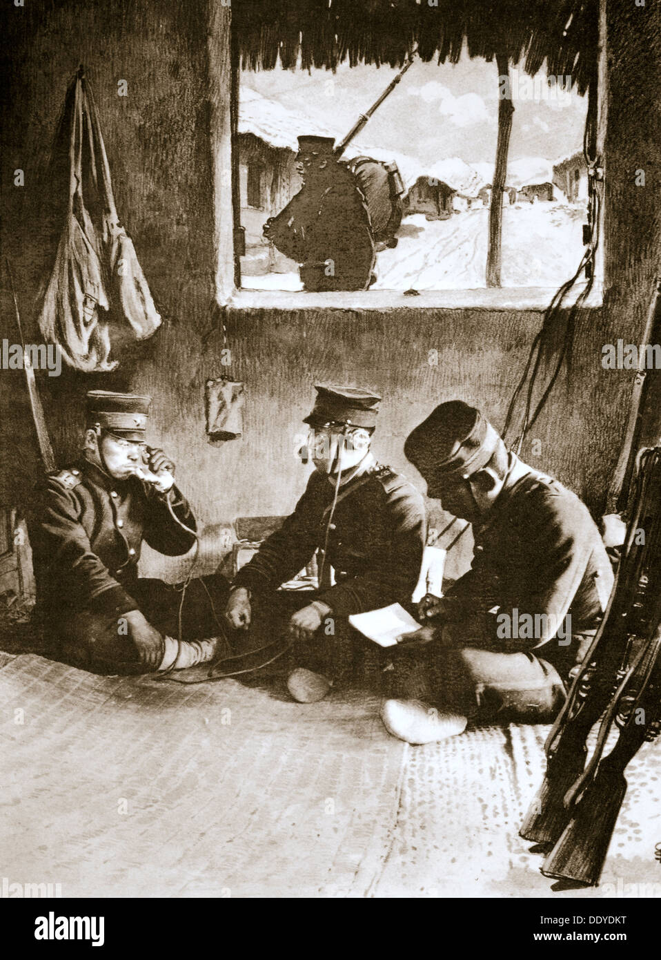 Soldato giapponese di effettuare una chiamata telefonica, guerra Russo-Giapponese, C1904-c1905. Artista: sconosciuto Foto Stock