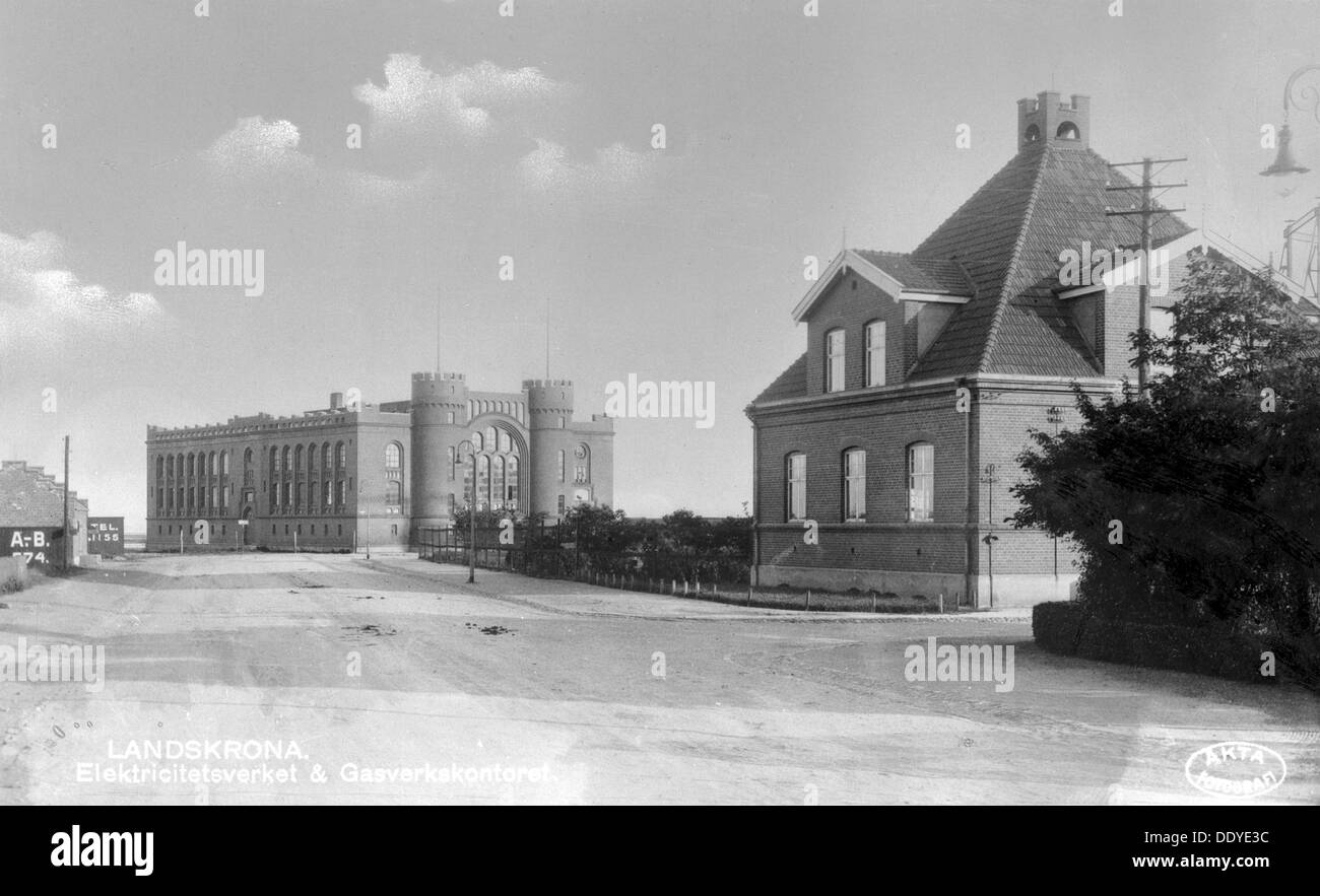 La stazione di potenza e l'ufficio delle officine del gas, Landskrona, Svezia, 1925. Artista: sconosciuto Foto Stock