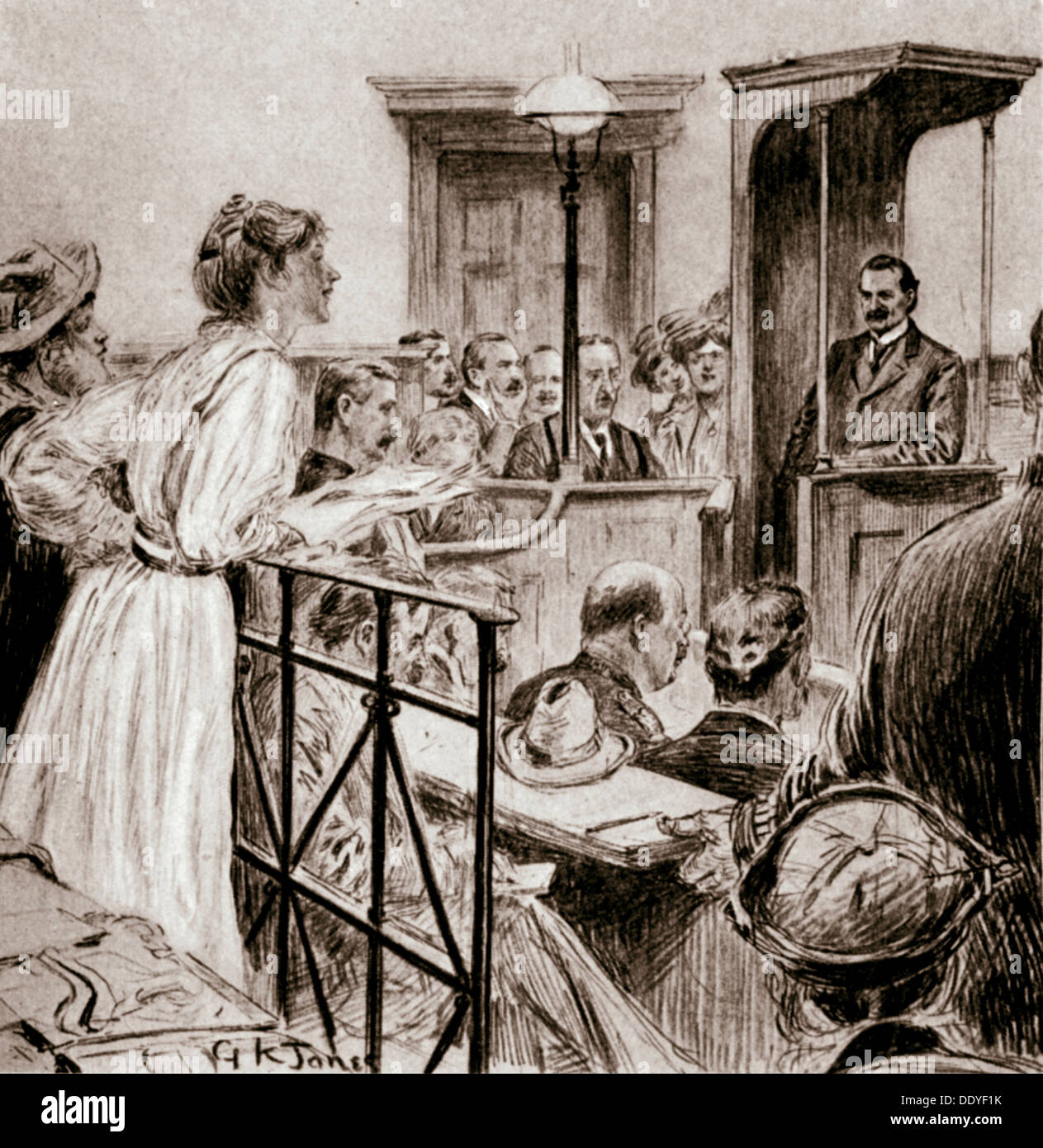 Christabel Pankhurst, suffragette inglesi, interrogando Herbert Gladstone in tribunale, Londra 1909. Artista: GK Jones Foto Stock