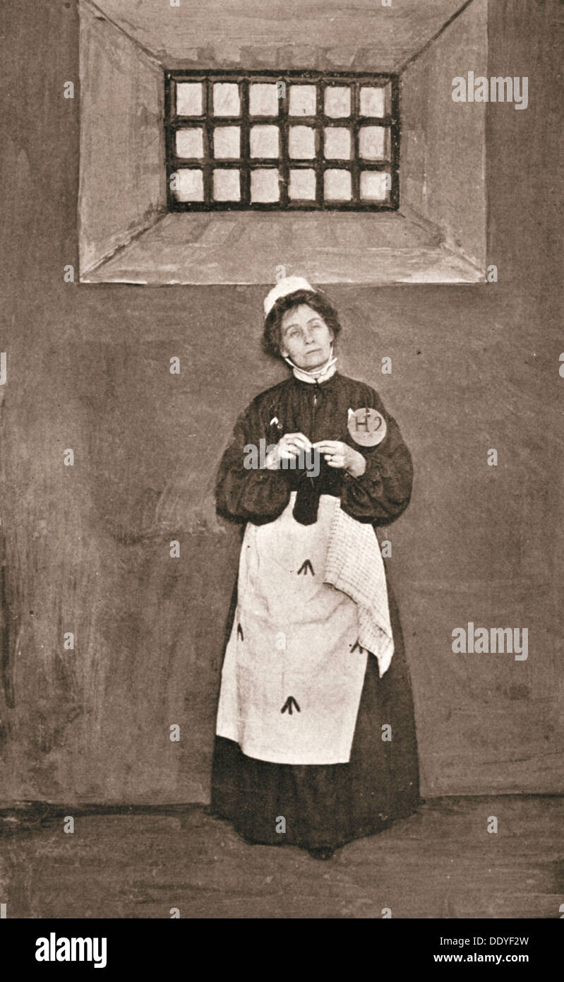 Emmeline Pankhurst, suffragette inglesi, in una cella della prigione di Holloway, Londra, 1908. Artista: sconosciuto Foto Stock