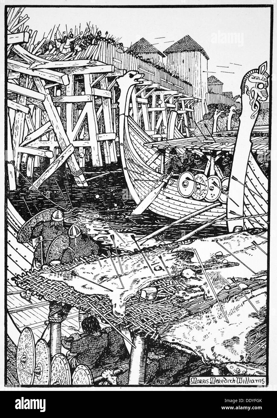 La battaglia di Ponte di Londra, 1014 (1913). Artista: Morris Meredith Williams Foto Stock