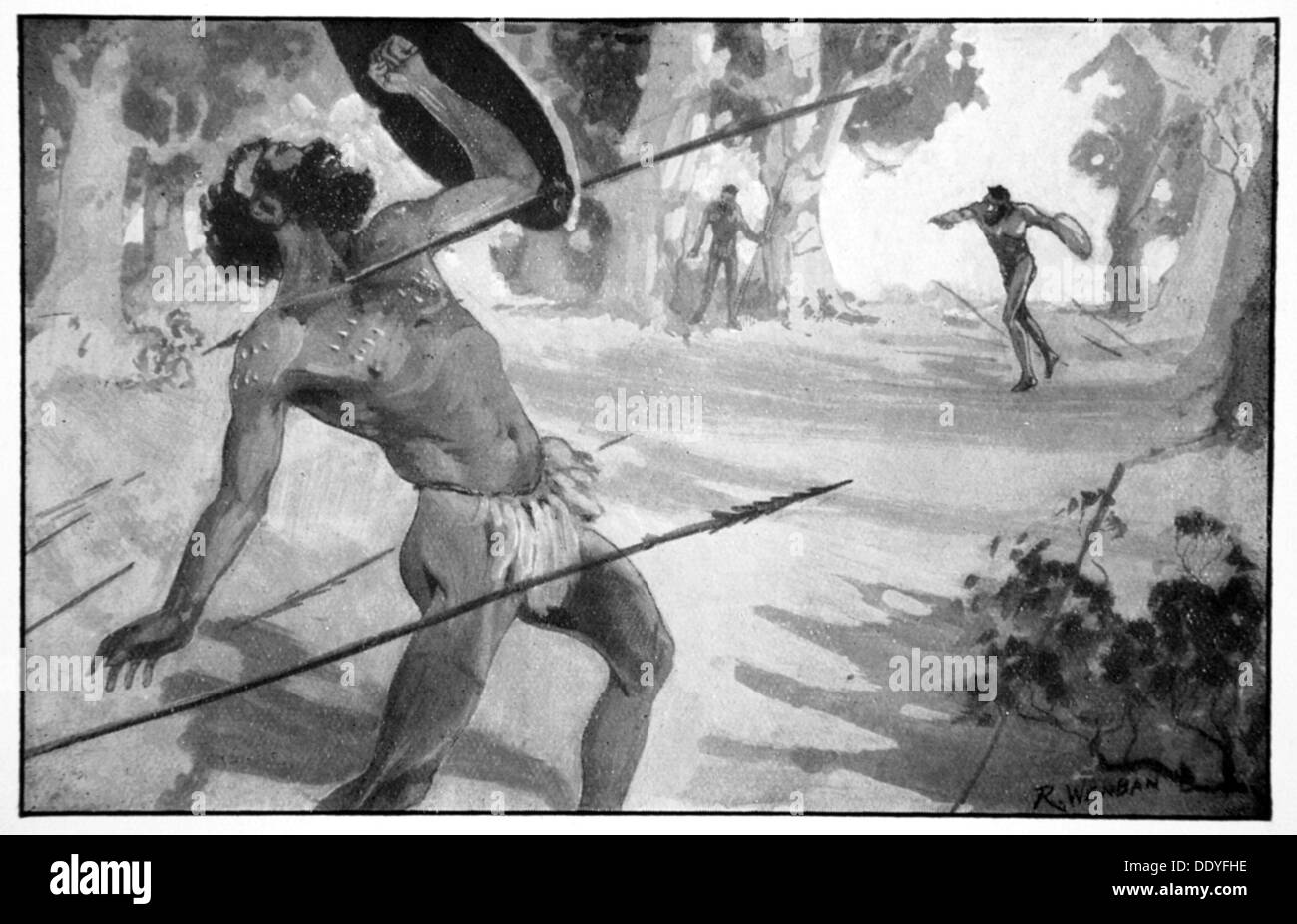 "Byama ha gettato una lancia con tutta la sua forza", 1923. Artista: Raymond Wenban Foto Stock