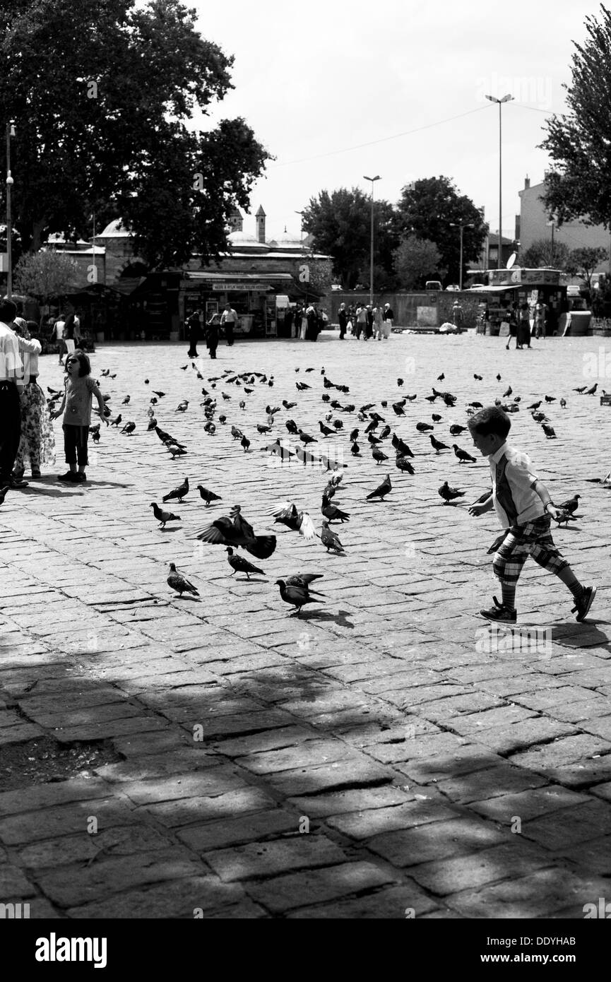 Un bambino a caccia di uccelli nella città di Istanbul in Turchia Foto Stock