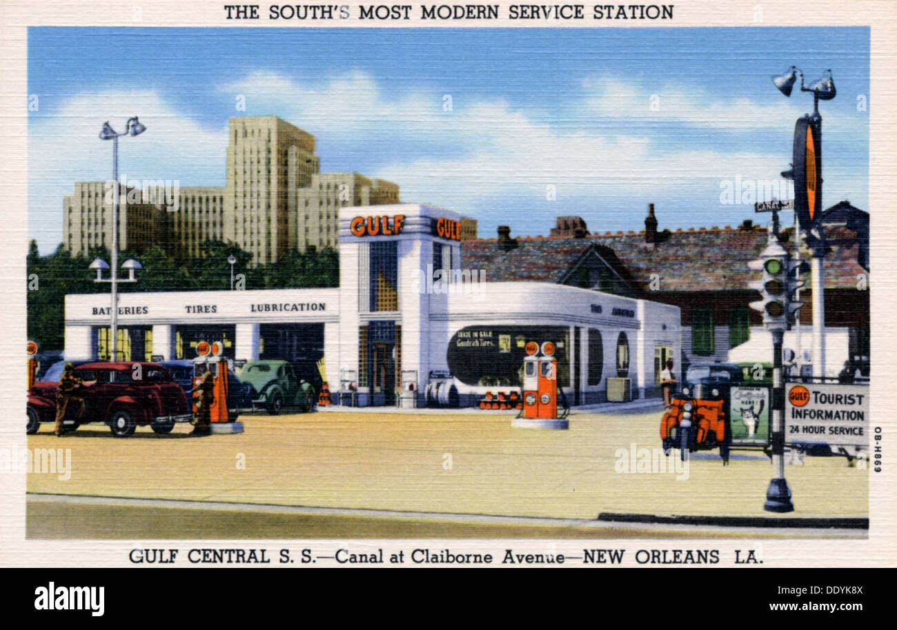 Golfo centrale stazione di servizio, Canal at Claiborne Avenue, New Orleans, Louisiana, Stati Uniti d'America, 1940. Artista: sconosciuto Foto Stock