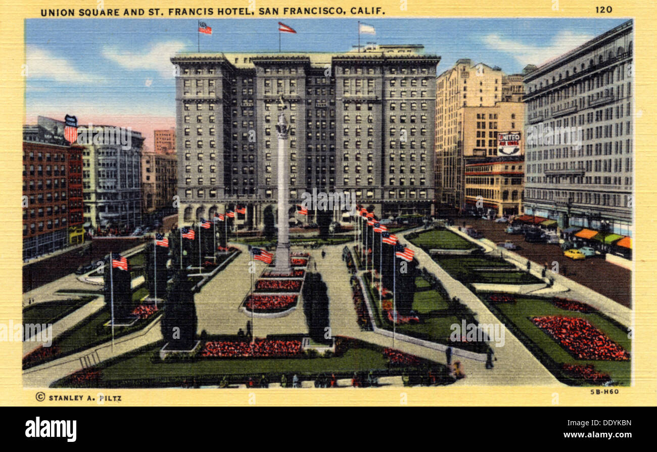 La Union Square e il San Francesco Hotel di San Francisco, California, Stati Uniti d'America, 1945. Artista: sconosciuto Foto Stock