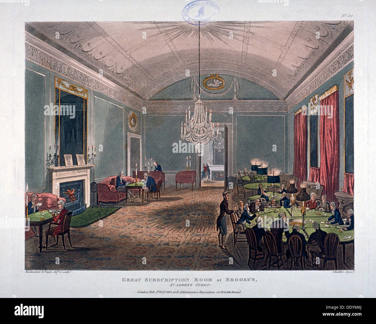 La grande sala di abbonamento, interno del Brooks's Club, St James Street, Londra, 1808. Artista: Augusto Charles Pugin Foto Stock