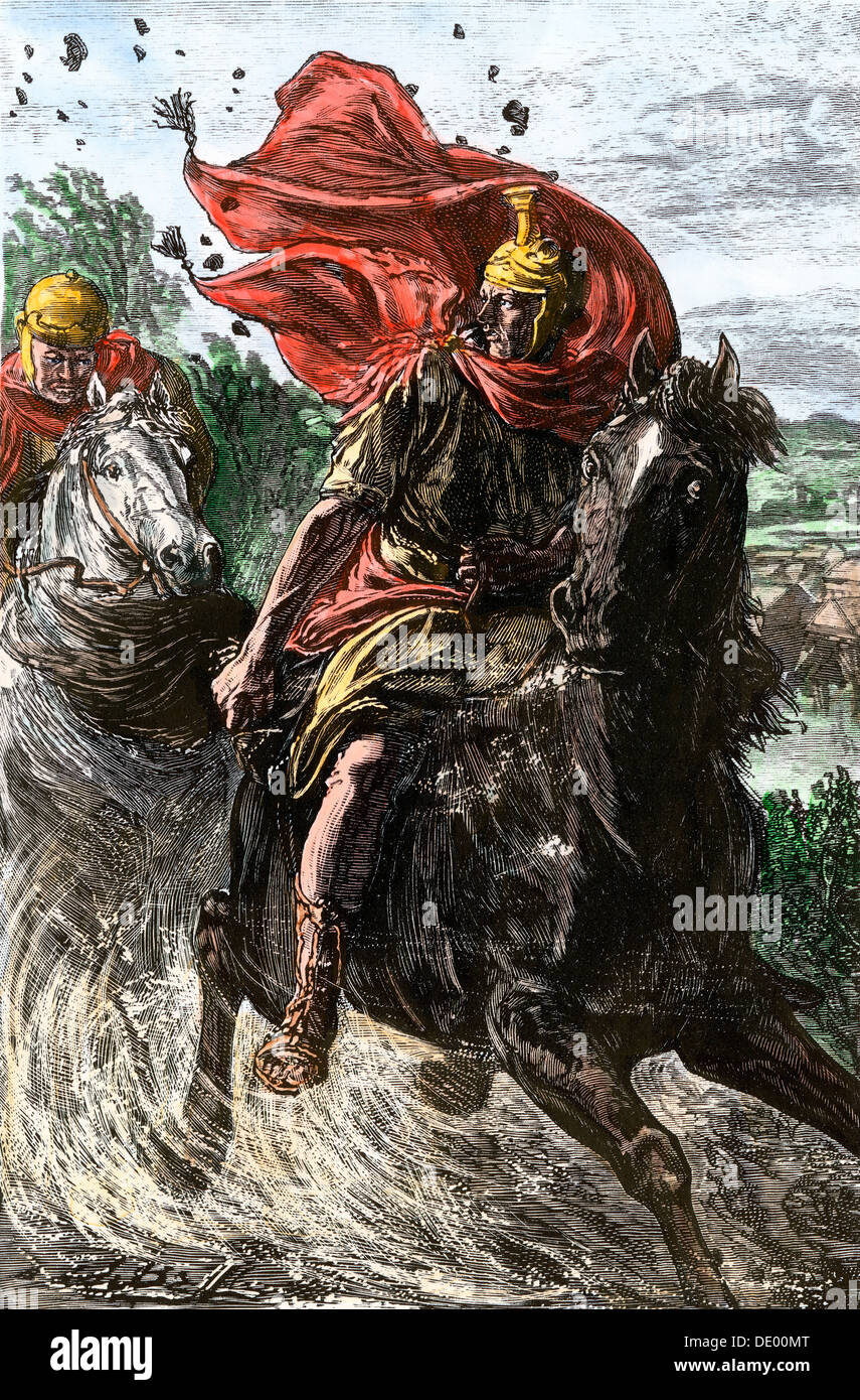 La fuga di Pompeo il grande in Egitto dopo la sua sconfitta a Pharsalus da Cesare, 48 BC. Colorate a mano la xilografia Foto Stock