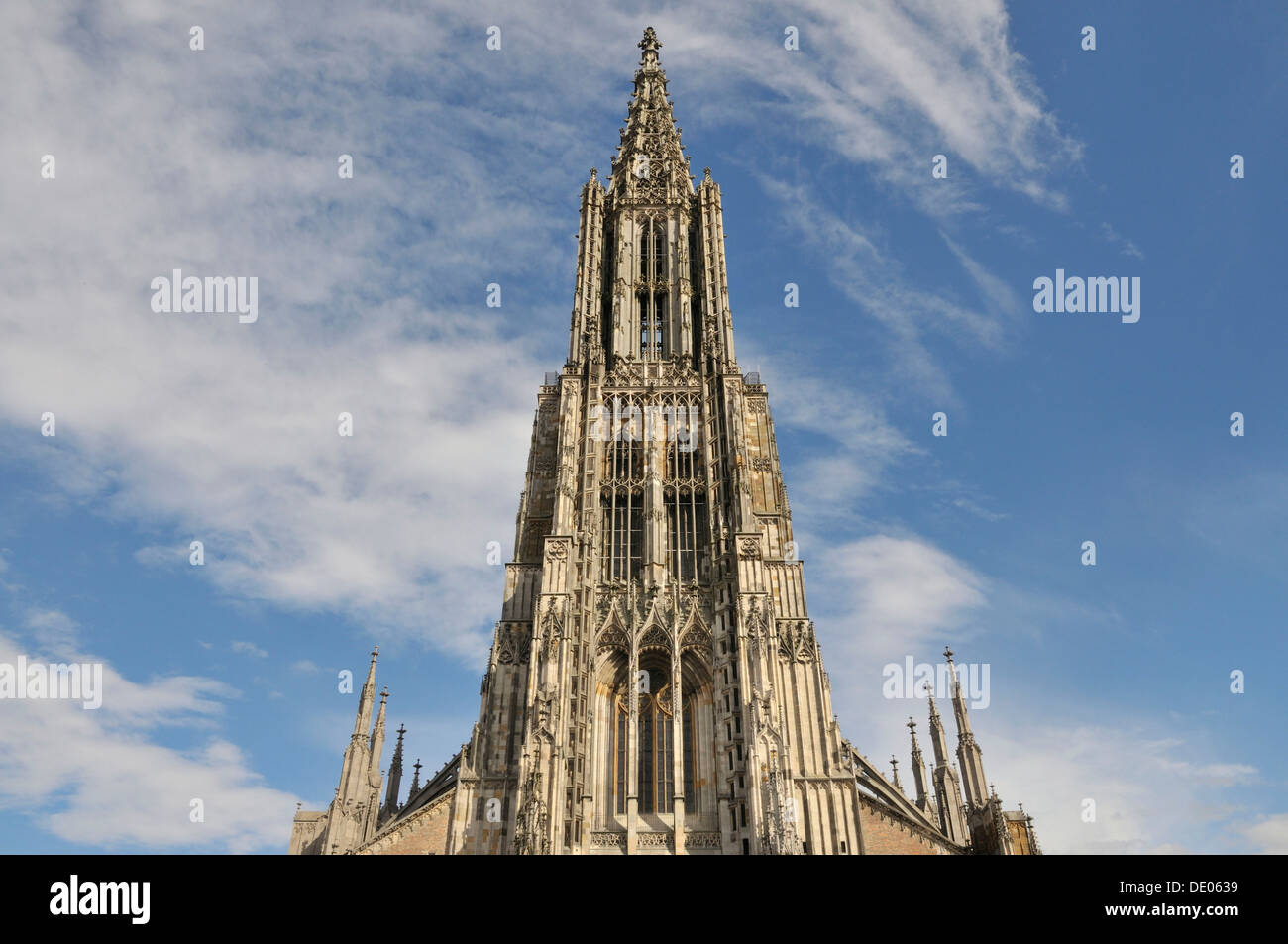 Ulmer Muenster chiesa, Ulm Minster, 161.53m, la torre campanaria più alta del mondo, Muensterplatz square, Ulm, Baden-Wuerttemberg Foto Stock