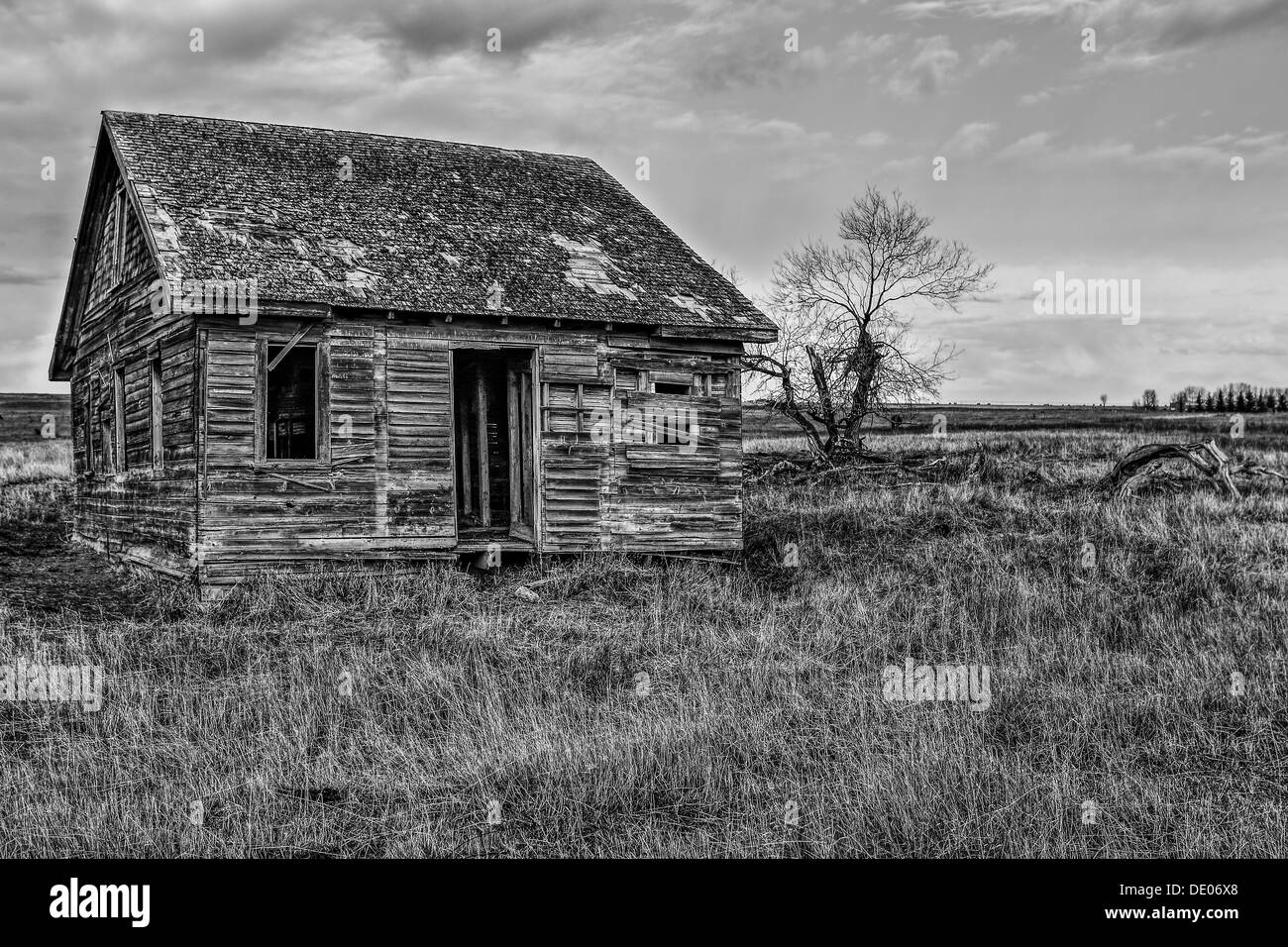 HDR foto in bianco e nero di abbandonati, weathered vecchio e rustico casa rurale con porticato e versato. Pioneer home falling apart Foto Stock