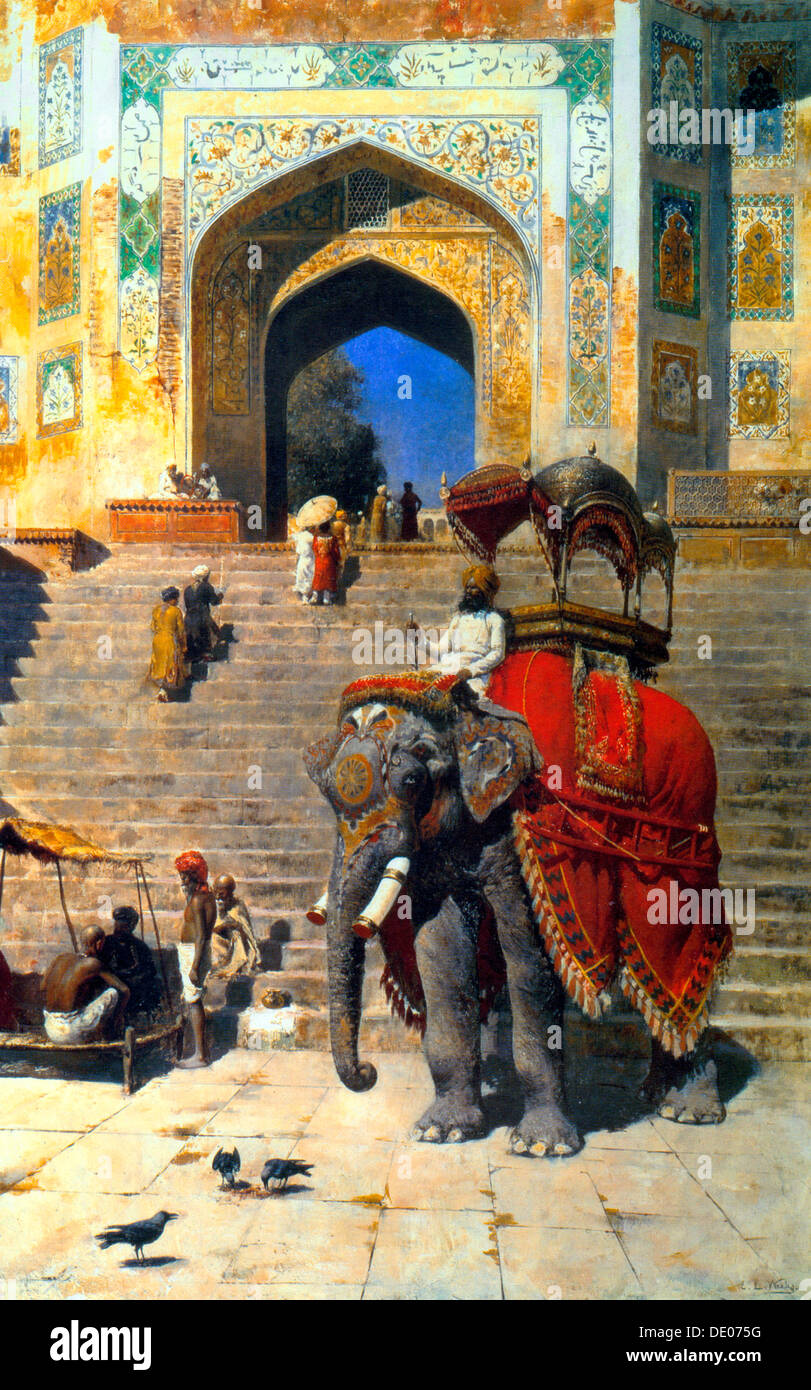 'Royal Elephant presso il gateway per la Jami Masjid, Mathura', XIX o agli inizi del XX secolo. Artista: Edwin Signore settimane Foto Stock
