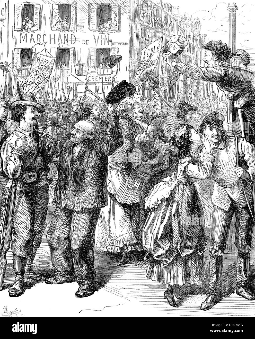 Difesa di Parigi: agli studenti di andare all'uomo le barricate, guerra franco-prussiana, 1870. Artista: Frederick Barnard Foto Stock