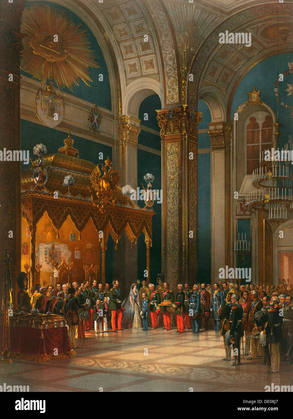 Omaggio di cosacco ufficiali del Trono Hall, incoronazione dello Zar Alessandro II, Mosca, 1856. Artista: Georg Wilhelm Timm Foto Stock