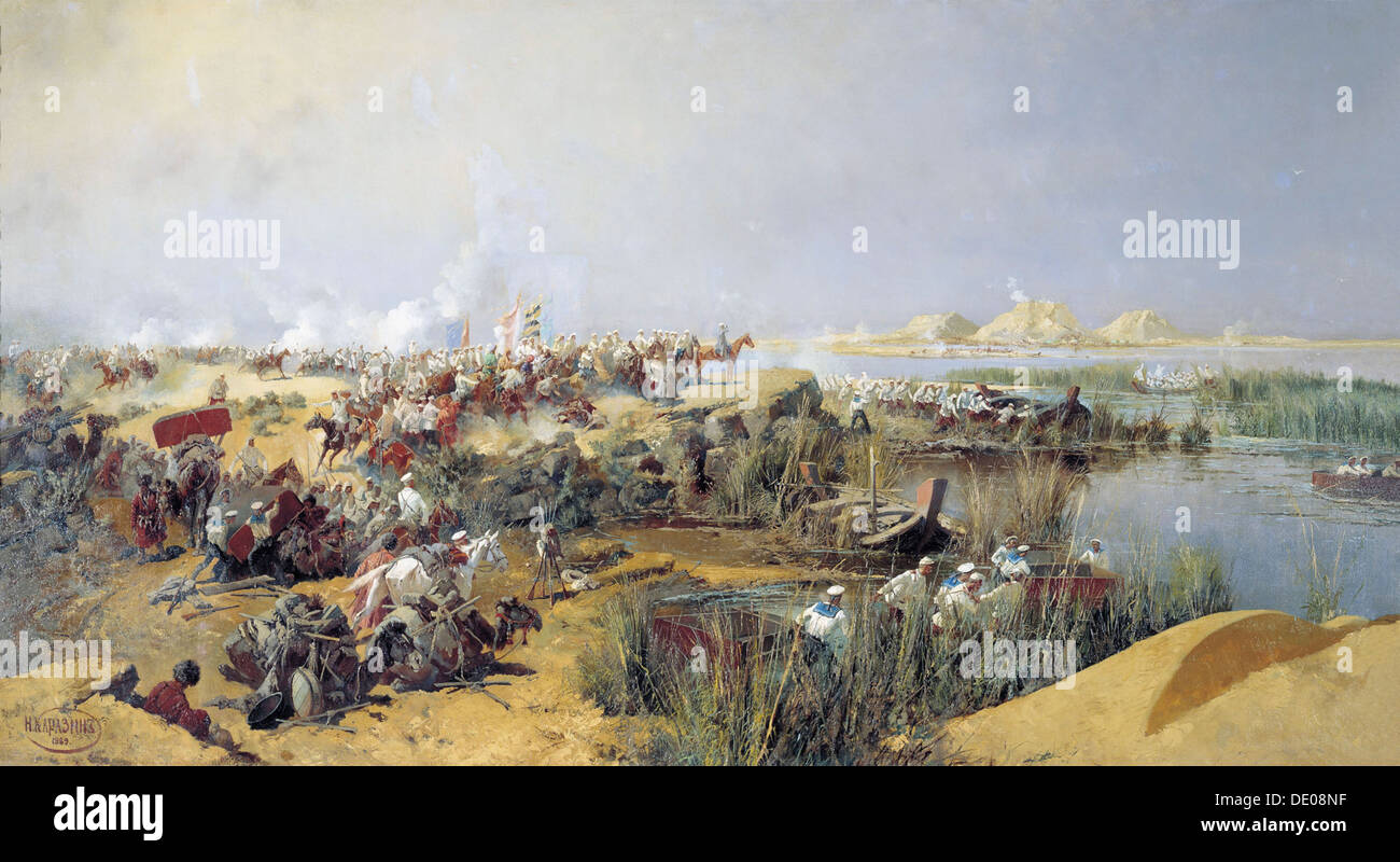 Le truppe russe che attraversa il Amu Darya River, 1873 (1889). Artista: Nikolai Karasin Foto Stock
