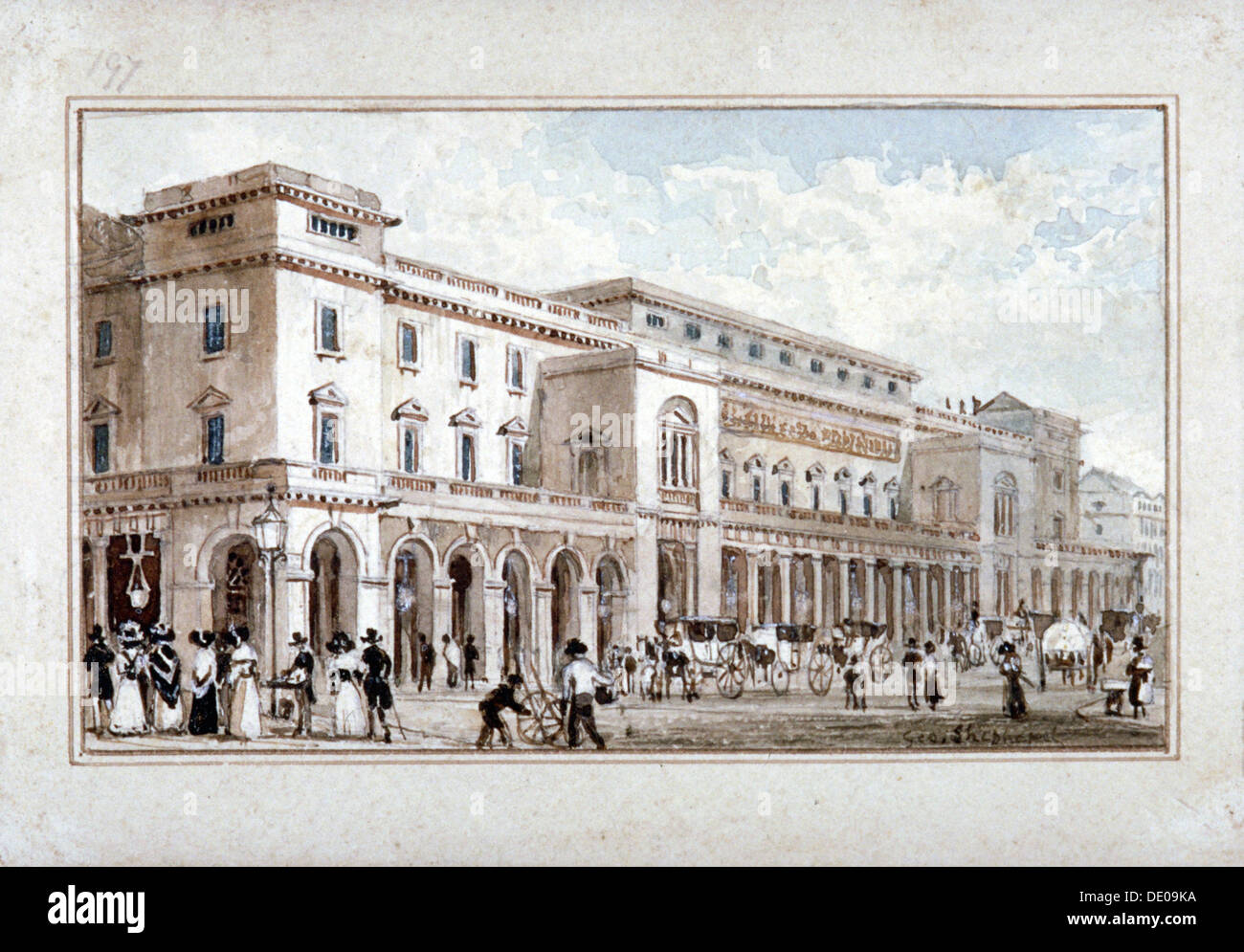 La King's theatre, Haymarket, Westminster, Londra, 1828. Artista: George Pastore Foto Stock
