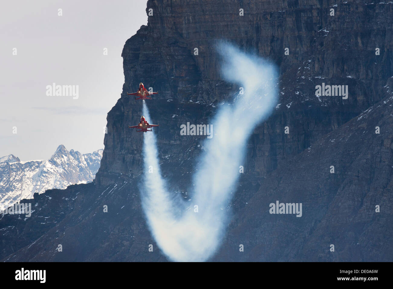 Ricerca volo della Patrouille Suisse con la Northrop F-5E Tiger II, mountain-air show della Swiss Air Force a Axalp Foto Stock