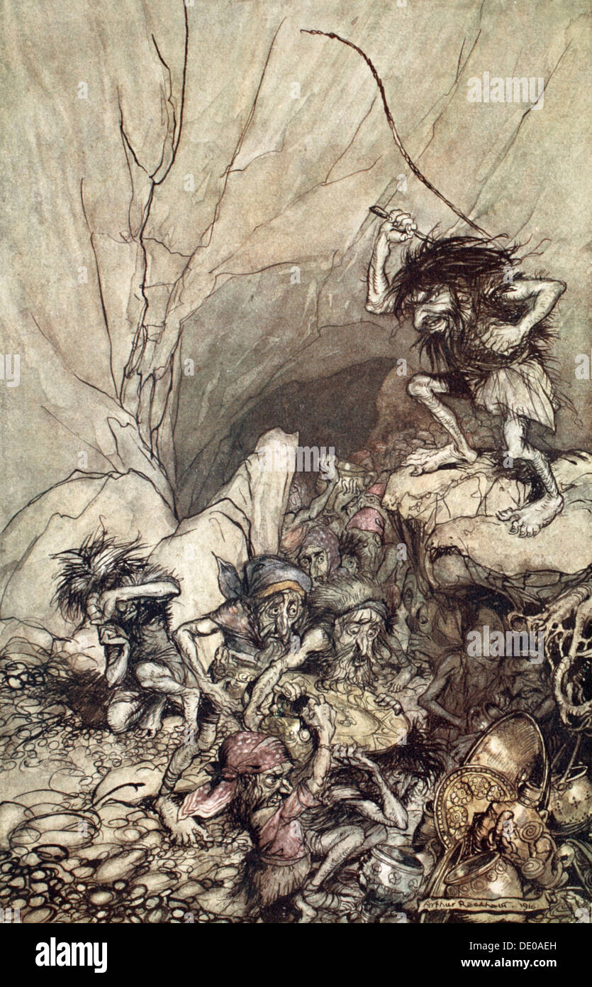 "Alberich rigidi in una banda di Nibelungs con oro e argento tesori", 1910. Artista: Arthur Rackham Foto Stock