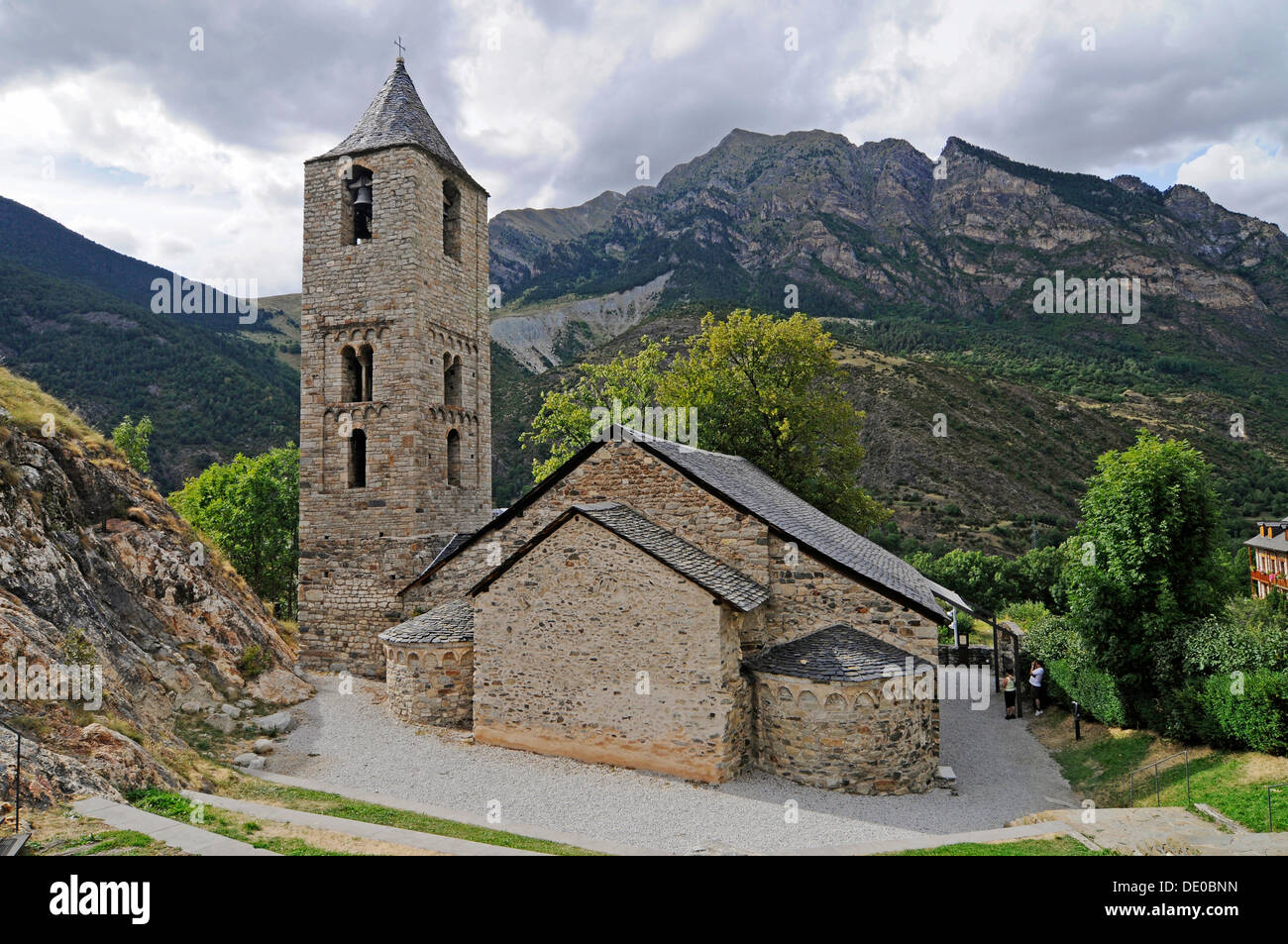 Sant Joan, chiesa romanica, dichiarato patrimonio culturale mondiale dall'UNESCO, Boi, La Vall de Boi, Pirenei, provincia di Lleida, la Catalogna Foto Stock