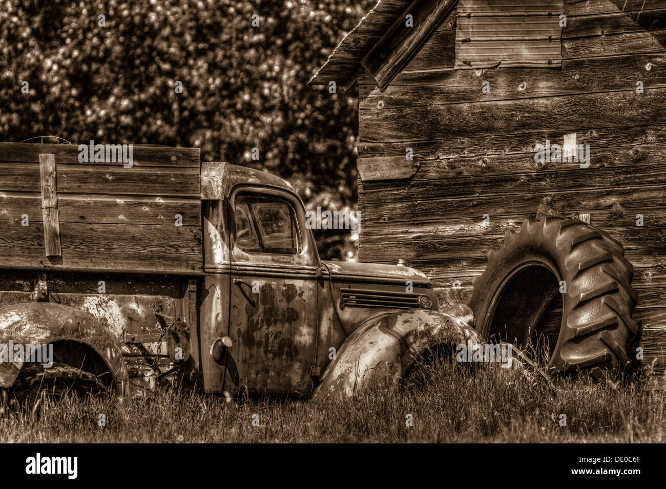 Ambientazione rurale del vecchio rustico, antica fattoria, carrello, seduto di fronte a un vecchio granaio o capannone, il pneumatico del trattore in background. Foto Stock