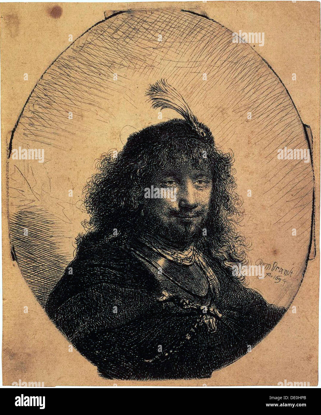 'SELF-ritratto in un cappuccio con un pennacchio ed un Sabre', 1634. Artista: Harmensz Rembrandt van Rijn Foto Stock