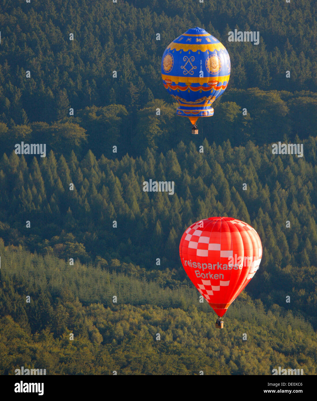 Vista aerea, due i palloni ad aria calda, ventesimo Warsteiner Montgolfiade, aria calda balloon festival, Warstein, Sauerland Foto Stock