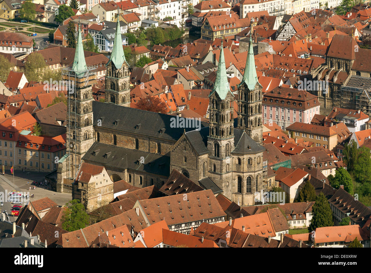 Vista aerea, Cattedrale di Bamberga e Neue Residenz castello, Bamberg, Alta Franconia, Bavaria Foto Stock