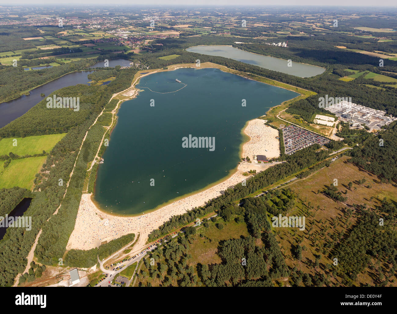 Vista aerea, Lago Silbersee, un lago balneare vicino a Haltern, regione della Ruhr, Renania settentrionale-Vestfalia Foto Stock
