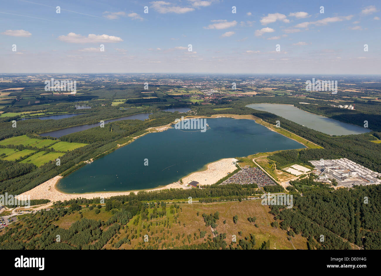 Vista aerea, Lago Silbersee, un lago balneare vicino a Haltern, regione della Ruhr, Renania settentrionale-Vestfalia Foto Stock