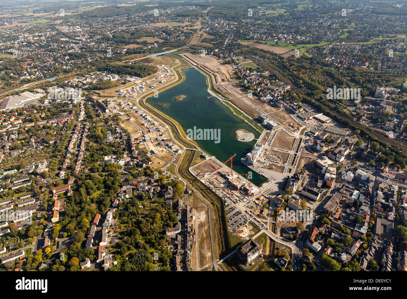 Vista aerea, Emscher fiume, lago PhoenixSee, Dortmund, la zona della Ruhr, Renania settentrionale-Vestfalia Foto Stock