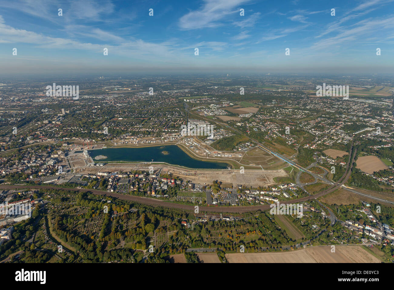 Vista aerea, Emscher fiume, lago PhoenixSee, Dortmund, la zona della Ruhr, Renania settentrionale-Vestfalia Foto Stock