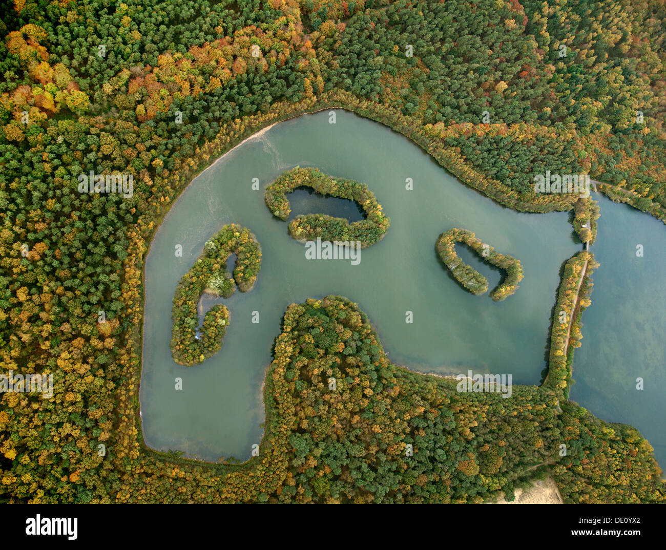 Vista aerea, isole del lago Kirchheller Heidesee, in autunno, Kirchhellen, Bottrop, la zona della Ruhr, Renania settentrionale-Vestfalia Foto Stock