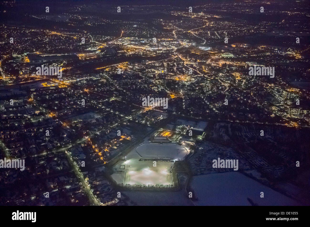Vista aerea, night shot, Dinslaken, in inverno Foto Stock