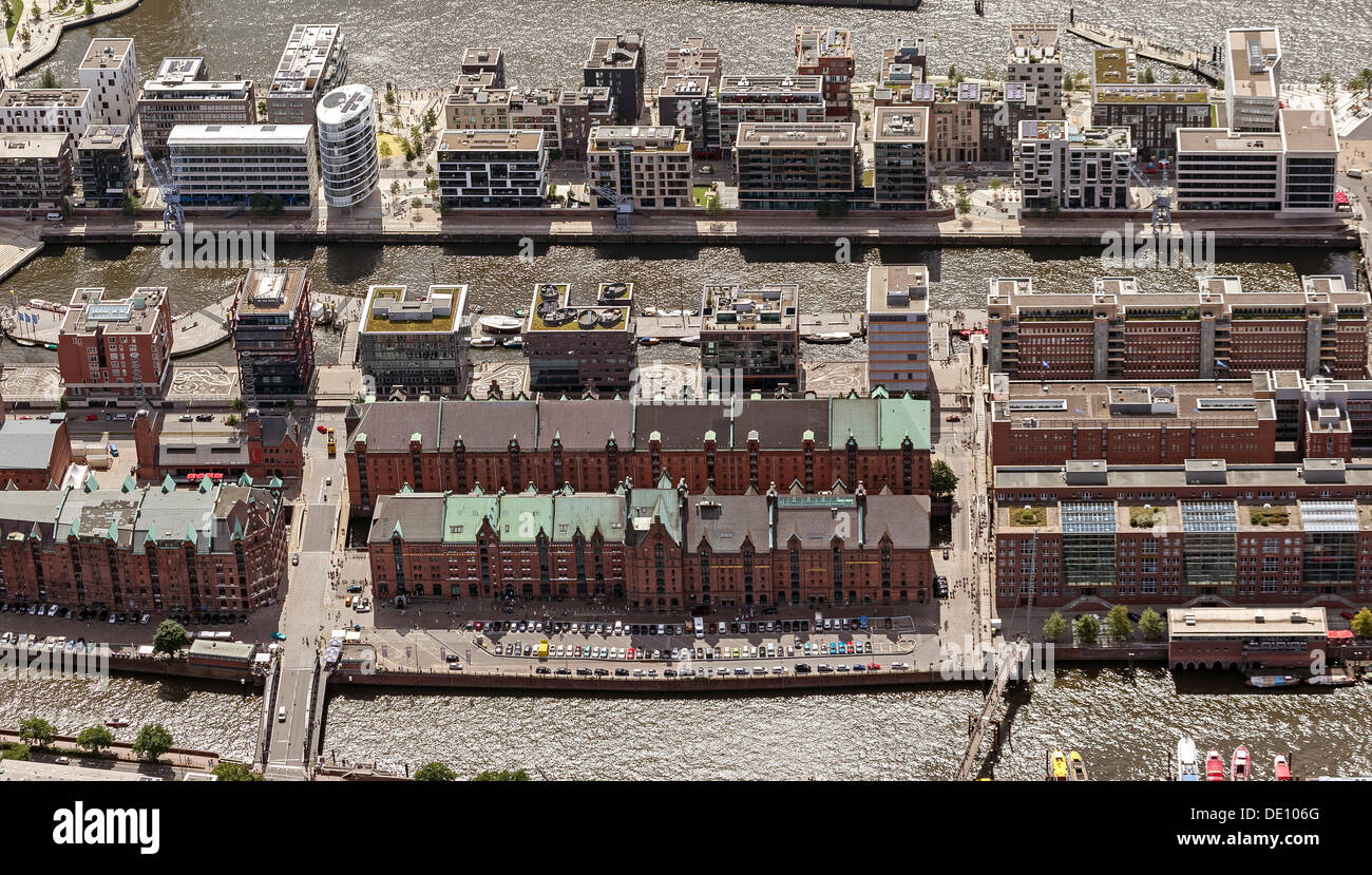 Vista aerea, warehouse district, HafenCity, Fiume Elba Foto Stock