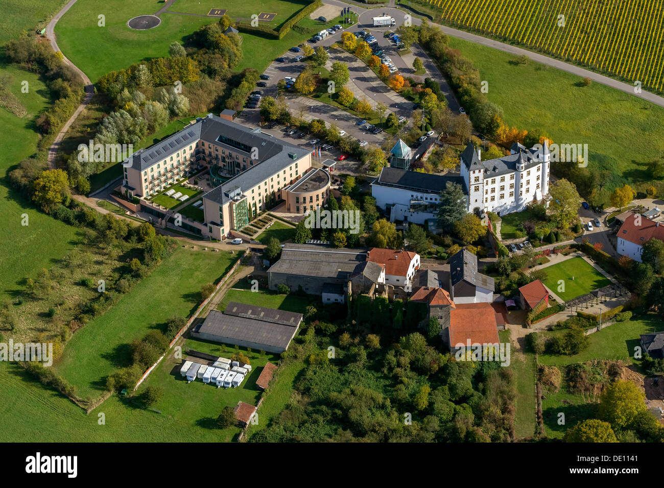Vista aerea, casinò Schloss Berg, un castello rinascimentale Foto Stock