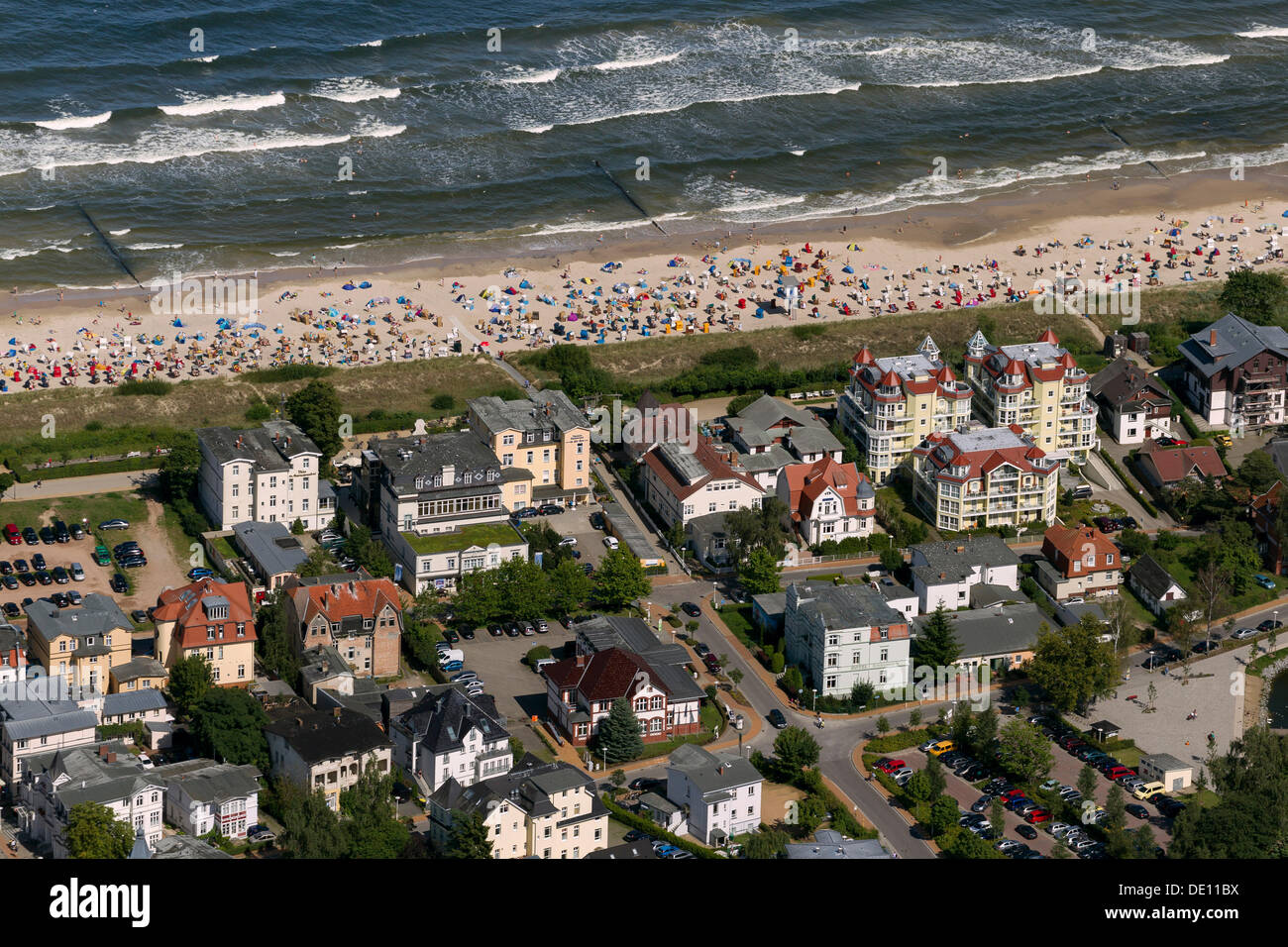 Vista aerea, Seebad Bansin, parte della località balneare di Heringsdorf, Mar Baltico beach Foto Stock