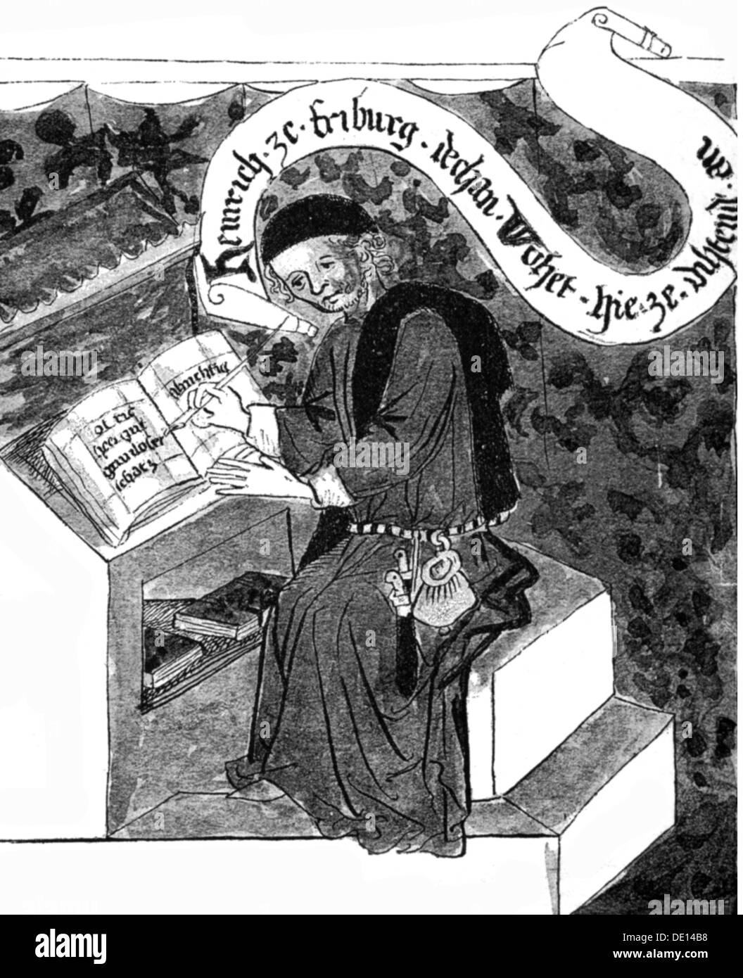 Laufenberg Heinrich von, circa 1390 - 31.3.1460, un pastore tedesco e autore / scrittore, a piena lunghezza e alla scrivania, dopo la miniatura del xv secolo, artista del diritto d'autore non deve essere cancellata Foto Stock